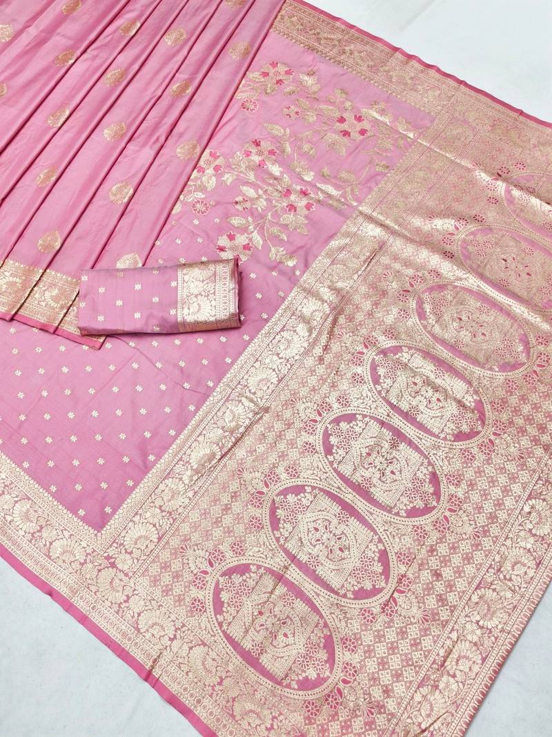 Pink zari woven banarasi silk blend saree with blouse piece