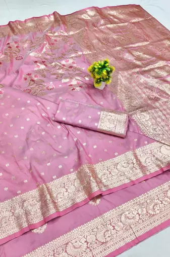 Pink zari woven silk blend saree with blouse piece