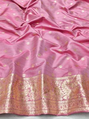 Pink zari woven silk blend saree with blouse piece 4