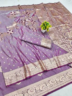 Purple zari woven silk blend saree with blouse piece 1
