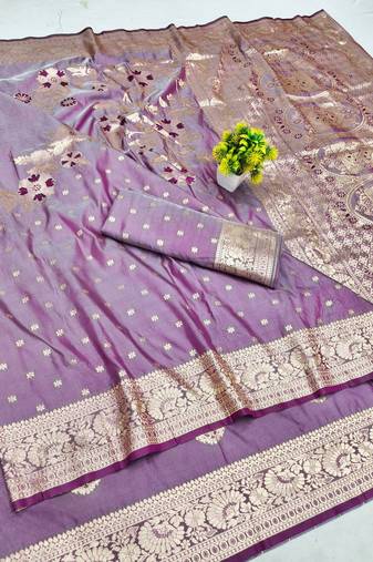 Purple zari woven banarasi silk blend saree with blouse piece