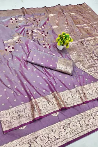 Purple zari woven banarasi silk blend saree with blouse piece
