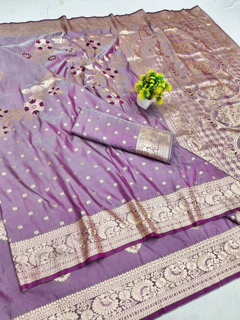 Purple zari woven banarasi silk blend saree with blouse piece
