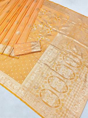 Light orange zari woven silk blend saree with blouse piece 2