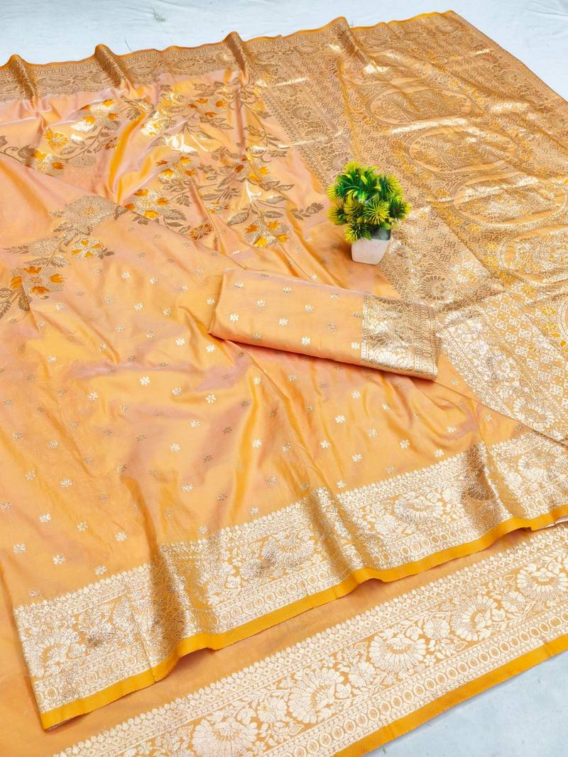 Light orange zari woven banarasi silk blend saree with blouse piece