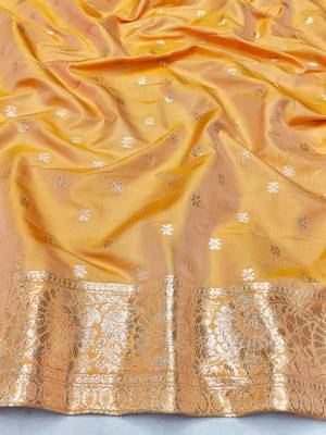 Light orange zari woven silk blend saree with blouse piece 4