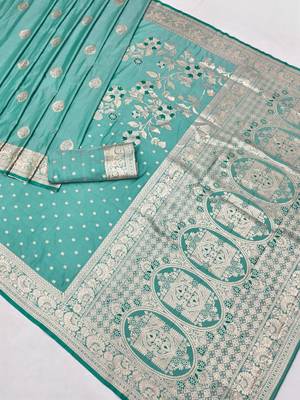 Blue zari woven silk blend saree with blouse piece 2