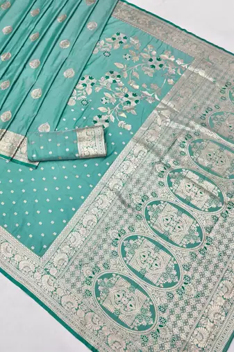 Blue zari woven silk blend saree with blouse piece