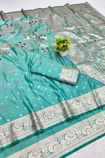 Blue zari woven banarasi silk blend saree with blouse piece