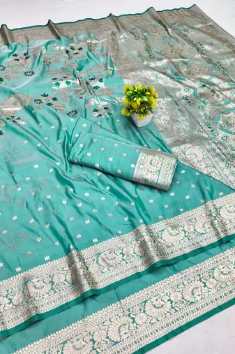 Blue zari woven banarasi silk blend saree with blouse piece