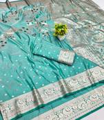 Blue zari woven banarasi silk blend saree with blouse piece