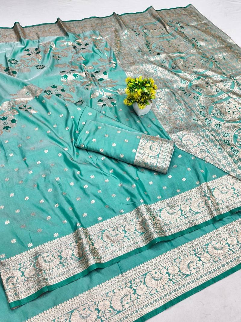 Blue zari woven banarasi silk blend saree with blouse piece