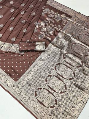 Brown zari woven silk blend saree with blouse piece 1
