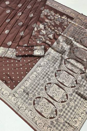 Brown zari woven banarasi silk blend saree with blouse piece