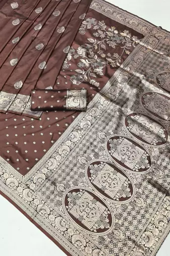 Brown zari woven banarasi silk blend saree with blouse piece