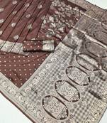 Brown zari woven banarasi silk blend saree with blouse piece