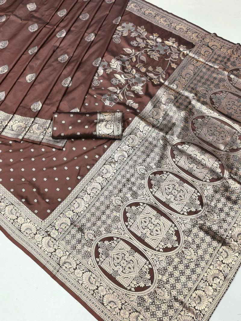 Brown zari woven banarasi silk blend saree with blouse piece