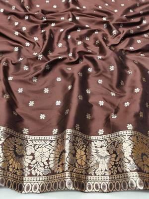 Brown zari woven silk blend saree with blouse piece 3