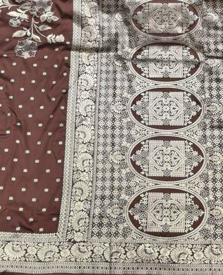 Brown zari woven silk blend saree with blouse piece 4