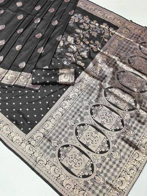 Black zari woven silk blend saree with blouse piece 1