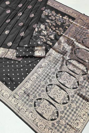 Black zari woven silk blend saree with blouse piece