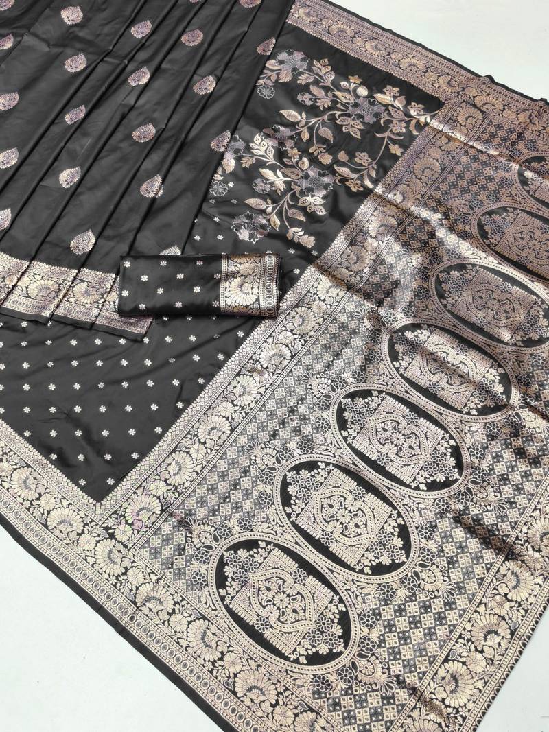 Black zari woven banarasi silk blend saree with blouse piece