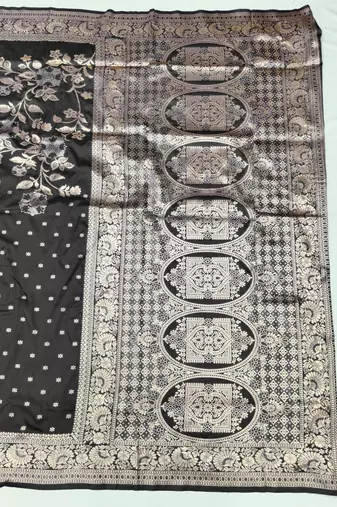 Black zari woven silk blend saree with blouse piece