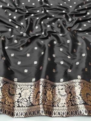 Black zari woven silk blend saree with blouse piece 3