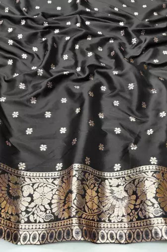 Black zari woven silk blend saree with blouse piece