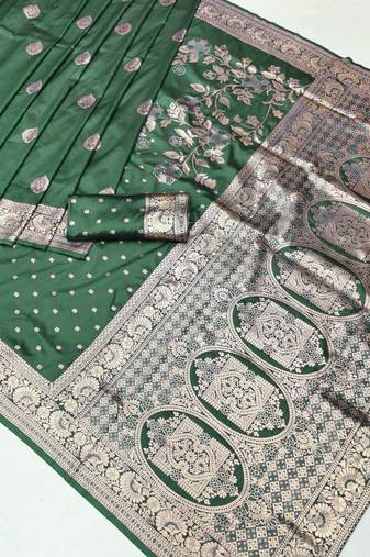 Dark green zari woven banarasi silk blend saree with blouse piece