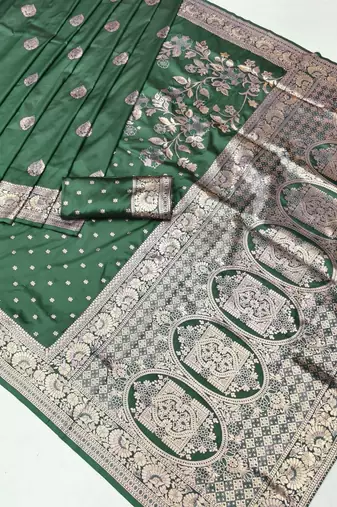 Dark green zari woven banarasi silk blend saree with blouse piece
