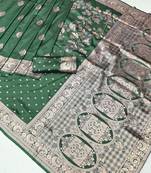 Dark green zari woven banarasi silk blend saree with blouse piece