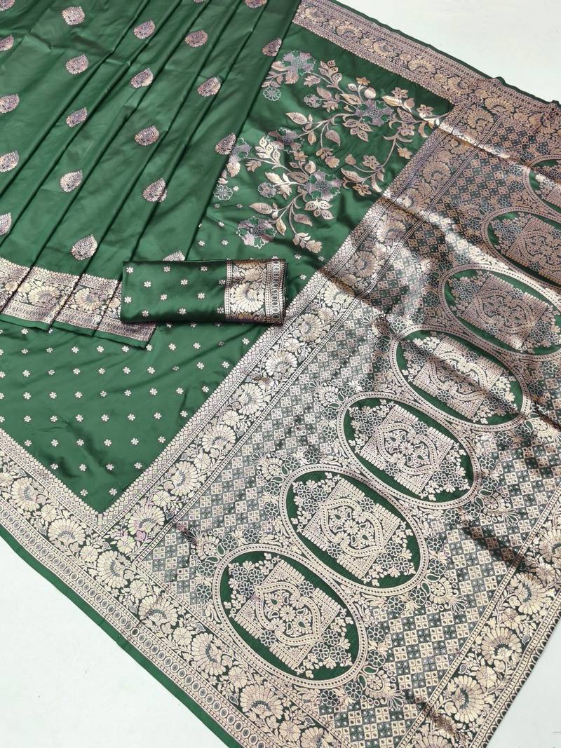 Dark green zari woven banarasi silk blend saree with blouse piece
