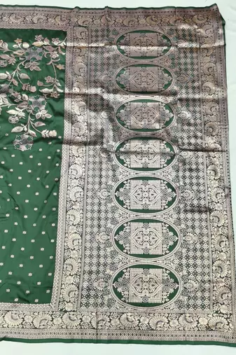 Dark green zari woven silk blend saree with blouse piece
