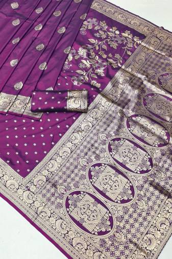 Purple zari woven silk blend saree with blouse piece