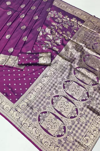 Purple zari woven banarasi silk blend saree with blouse piece