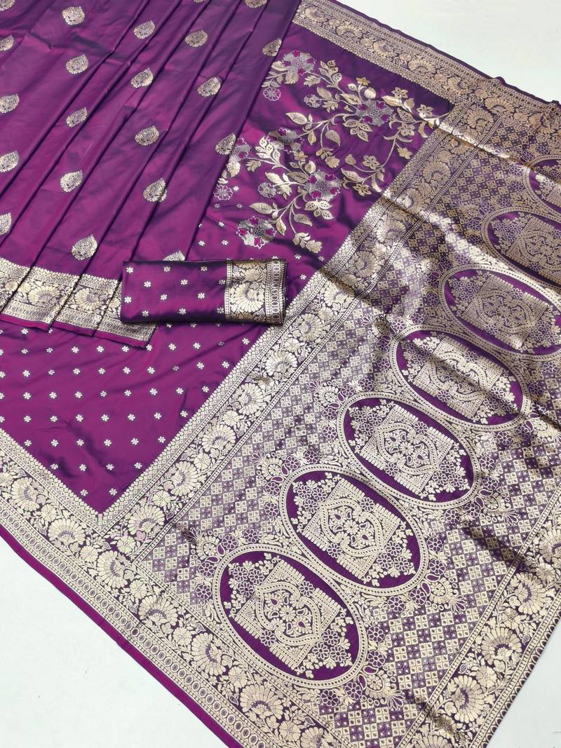 Purple zari woven banarasi silk blend saree with blouse piece