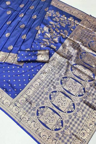 Navy blue zari woven banarasi silk blend saree with blouse piece