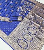 Navy blue zari woven banarasi silk blend saree with blouse piece