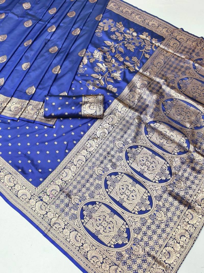 Navy blue zari woven banarasi silk blend saree with blouse piece