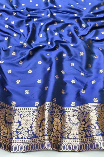 Navy blue zari woven silk blend saree with blouse piece