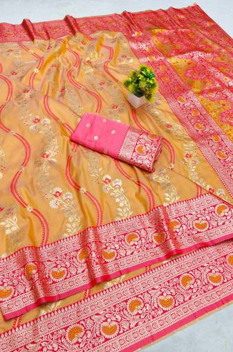 Orange zari woven leheria silk blend saree with blouse piece