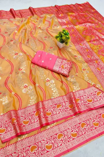 Orange zari woven leheria silk blend saree with blouse piece