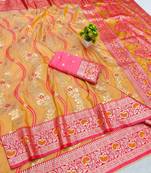 Orange zari woven leheria silk blend saree with blouse piece