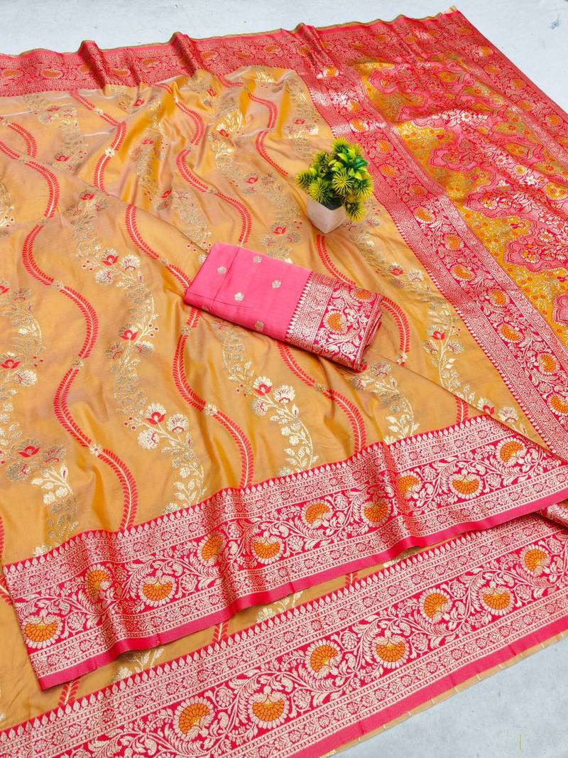 Orange zari woven leheria silk blend saree with blouse piece
