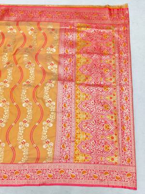 Orange zari woven leheria silk blend saree with blouse piece 2