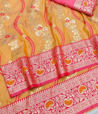 Orange zari woven leheria silk blend saree with blouse piece 3