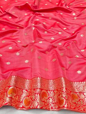 Orange zari woven leheria silk blend saree with blouse piece 4