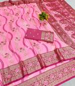 Pink zari woven leheria silk blend saree with blouse piece