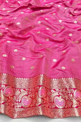 Pink zari woven leheria silk blend saree with blouse piece